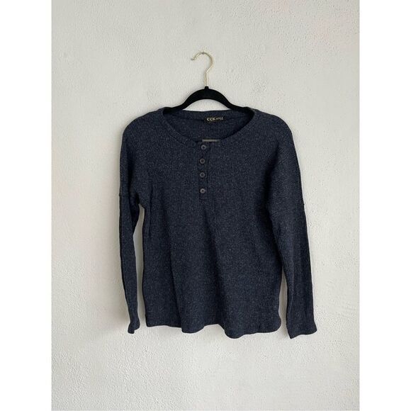 CCK Style Woman Dark Blue Ribbed Henley Button Sweater, Size Small - Picture 1 of 7